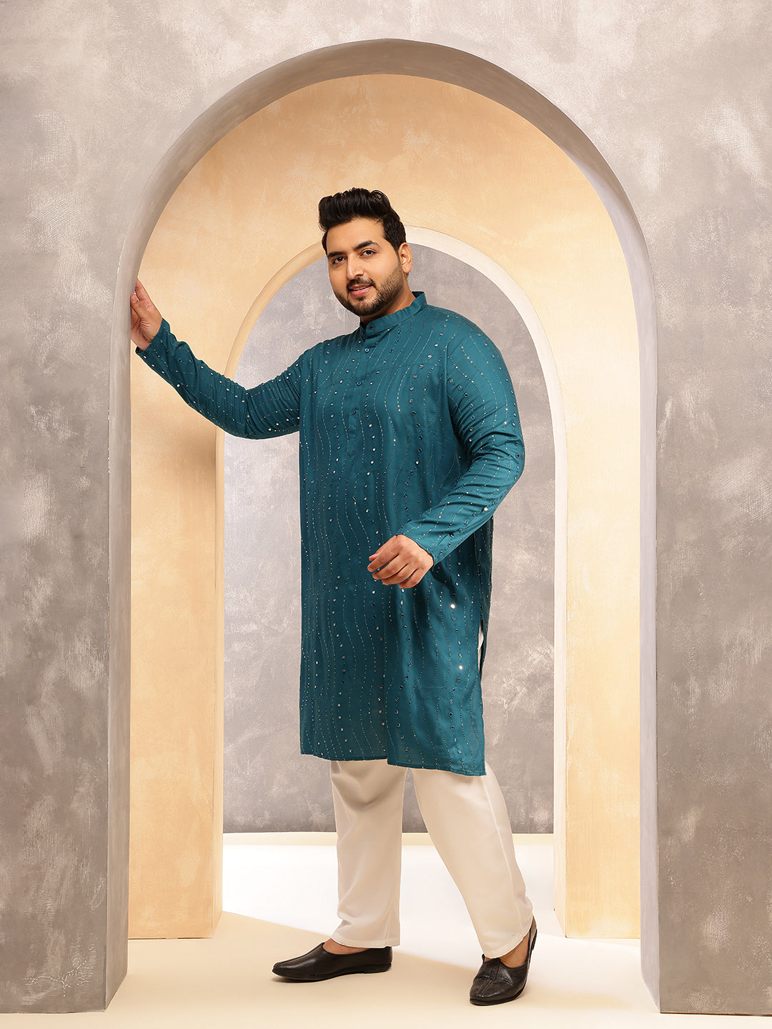 Men's Cotton Designer Teal Blue Kurta with Mirror Embroidery &  Pyjama