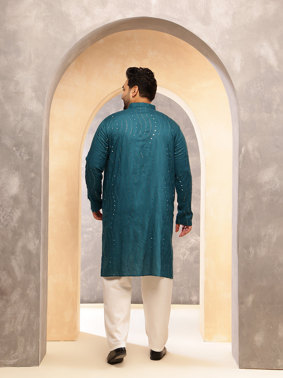 Men's Cotton Designer Teal Blue Kurta with Mirror Embroidery &  Pyjama