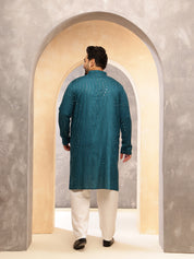 Men's Cotton Designer Teal Blue Kurta with Mirror Embroidery &  Pyjama