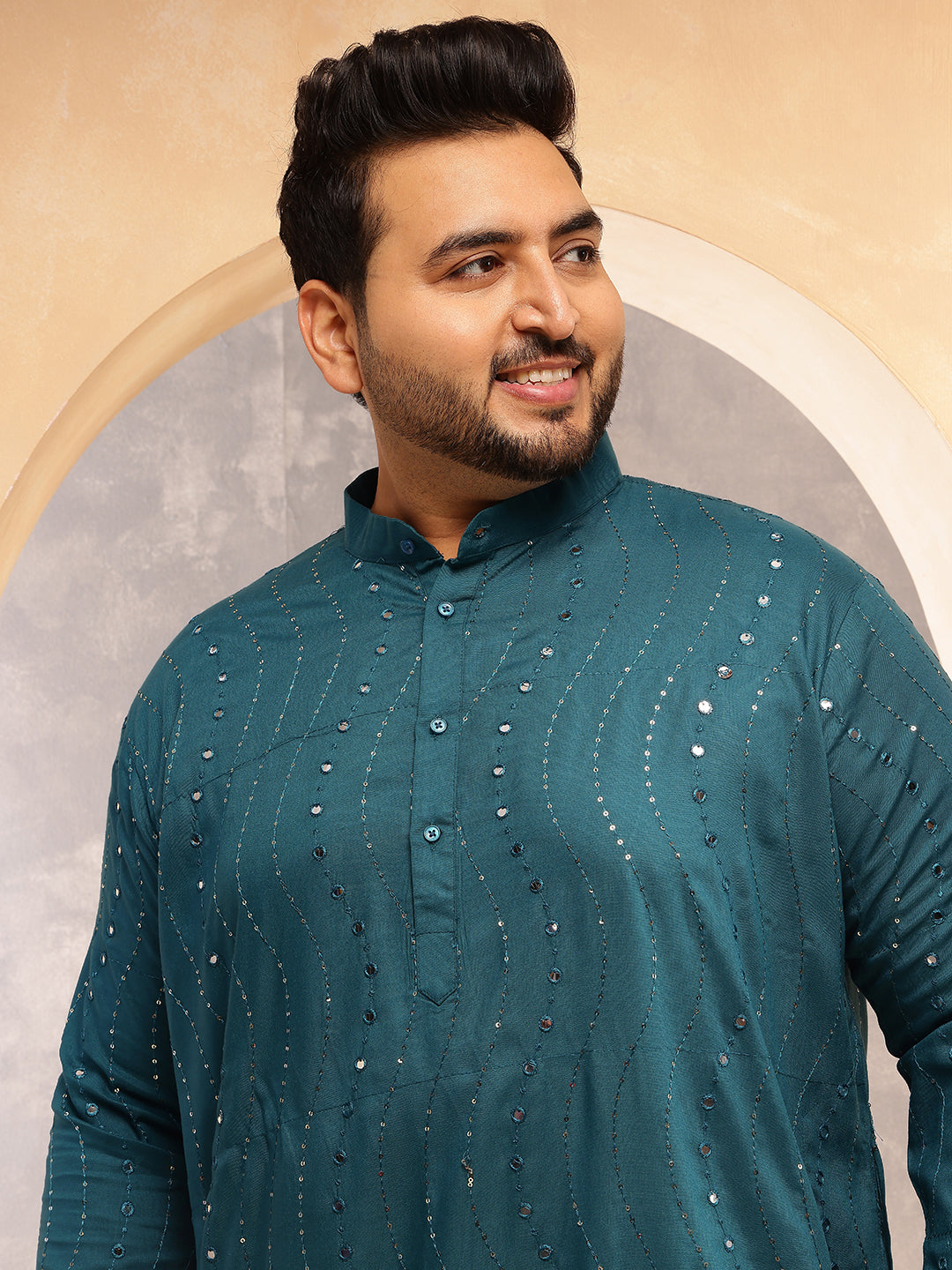 Men's Cotton Designer Teal Blue Kurta with Mirror Embroidery &  Pyjama