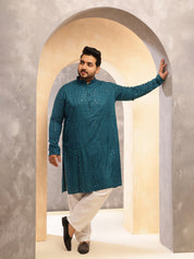 Men's Cotton Designer Teal Blue Kurta with Mirror Embroidery &  Pyjama