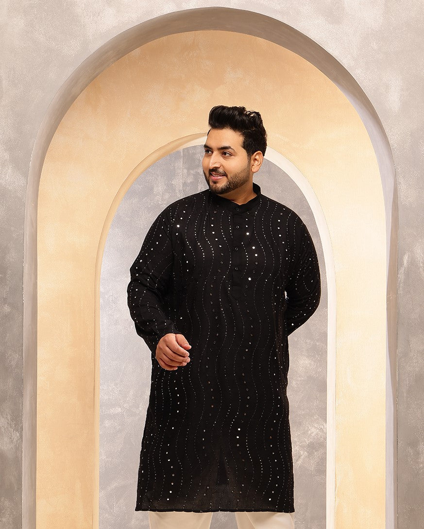 Men's Cotton Designer Black Long Kurta with Mirror Embroidery