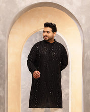 Men's Cotton Designer Black Long Kurta with Mirror Embroidery