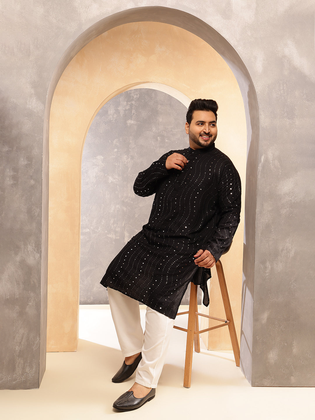 Men's Cotton Designer Black Long Kurta with Mirror Embroidery