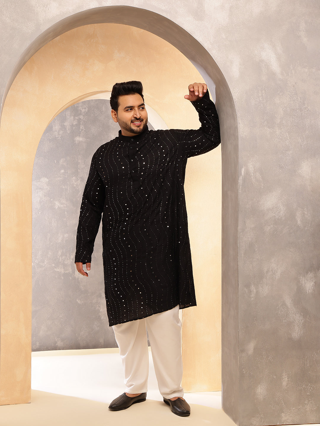 Men's Cotton Designer Black Kurta with Mirror Embroidery & White Pyjama