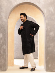 Men's Cotton Designer Black Kurta with Mirror Embroidery & White Pyjama