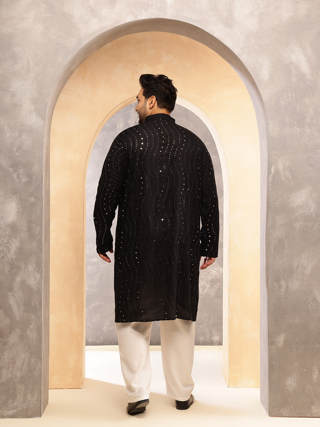 Men's Cotton Designer Black Kurta with Mirror Embroidery & White Pyjama