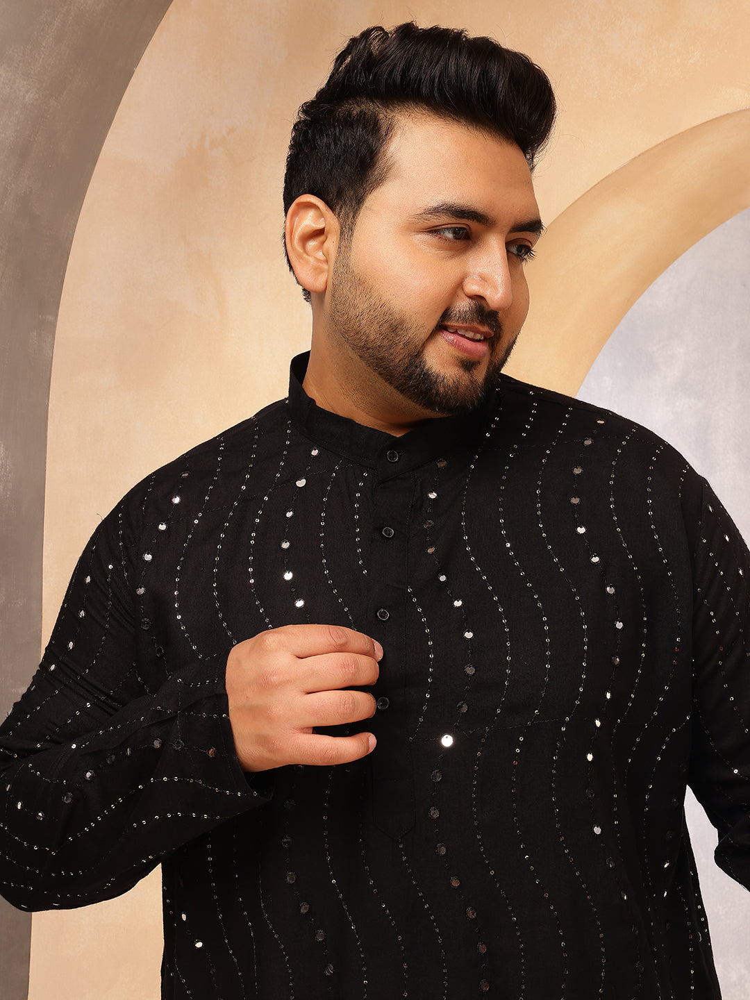 Men's Cotton Designer Black Kurta with Mirror Embroidery & White Pyjama