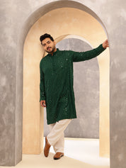 Men's Cotton Designer Green Kurta with Mirror Embroidery & White Pyjama