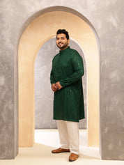 Men's Cotton Designer Green Kurta with Mirror Embroidery & White Pyjama