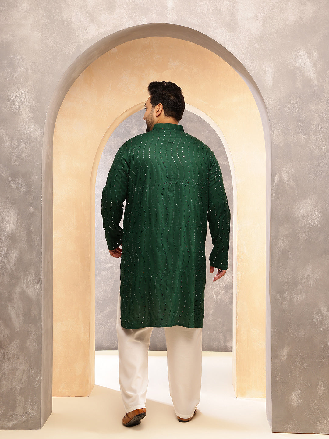 Men's Cotton Designer Green Kurta with Mirror Embroidery & White Pyjama