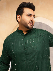 Men's Cotton Designer Green Kurta with Mirror Embroidery & White Pyjama