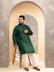 Men's Cotton Designer Green Kurta with Mirror Embroidery & White Pyjama