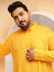 Men's Cotton Designer Mustard Long Kurta with Mirror Embroidery