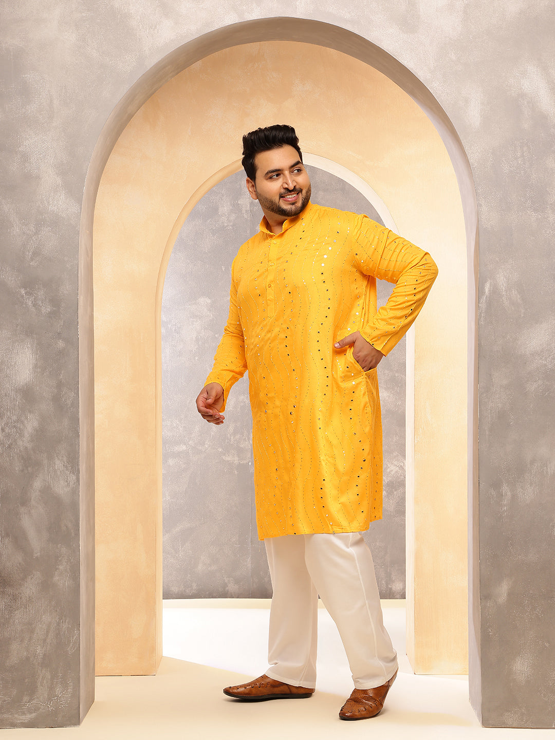 Men's Cotton Designer Mustard Long Kurta with Mirror Embroidery