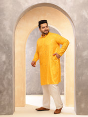 Men's Cotton Designer Mustard Long Kurta with Mirror Embroidery