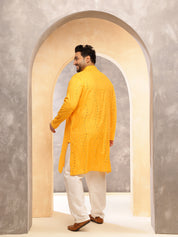 Men's Cotton Designer Mustard Long Kurta with Mirror Embroidery