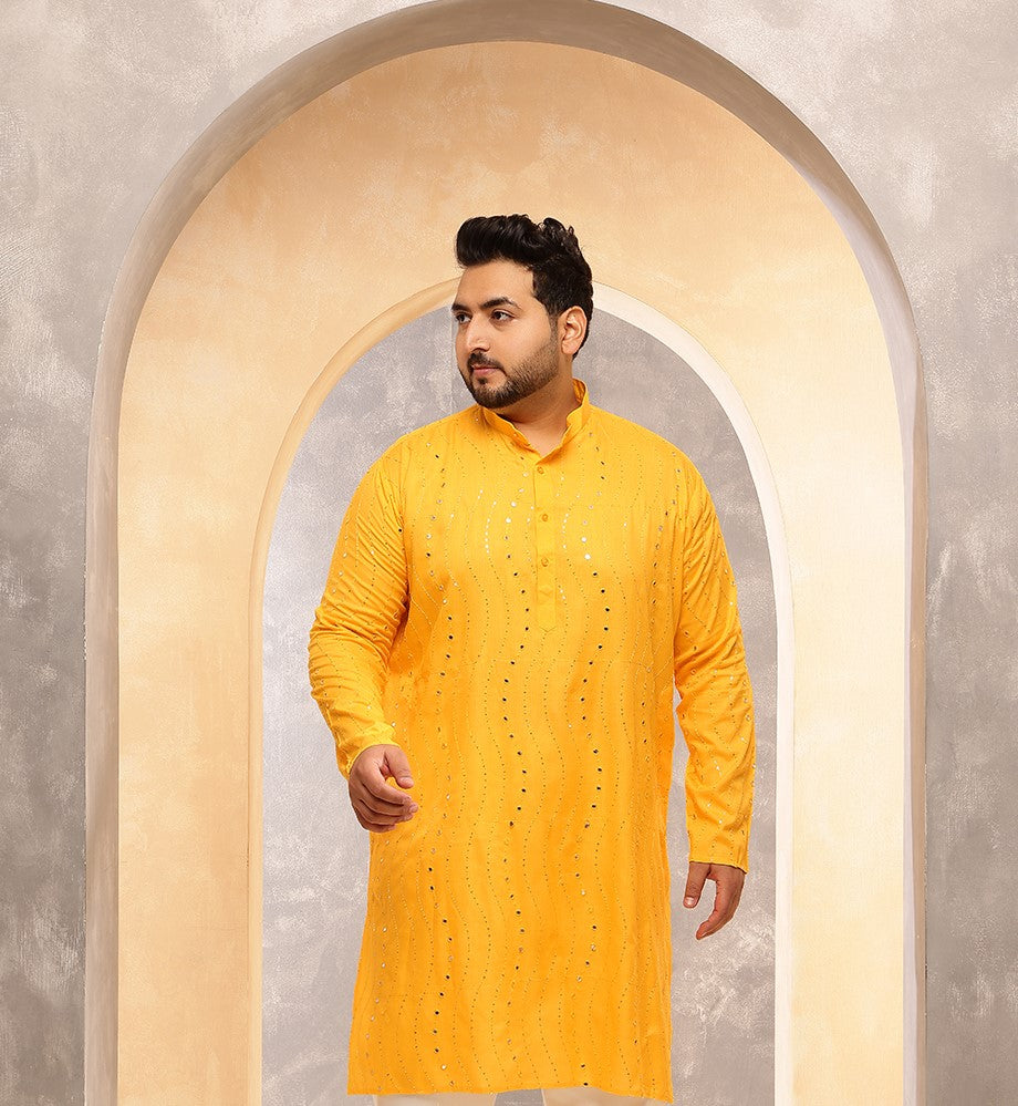 Men's Cotton Designer Mustard Long Kurta with Mirror Embroidery