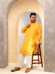 Men's Cotton Designer Mustard Long Kurta with Mirror Embroidery