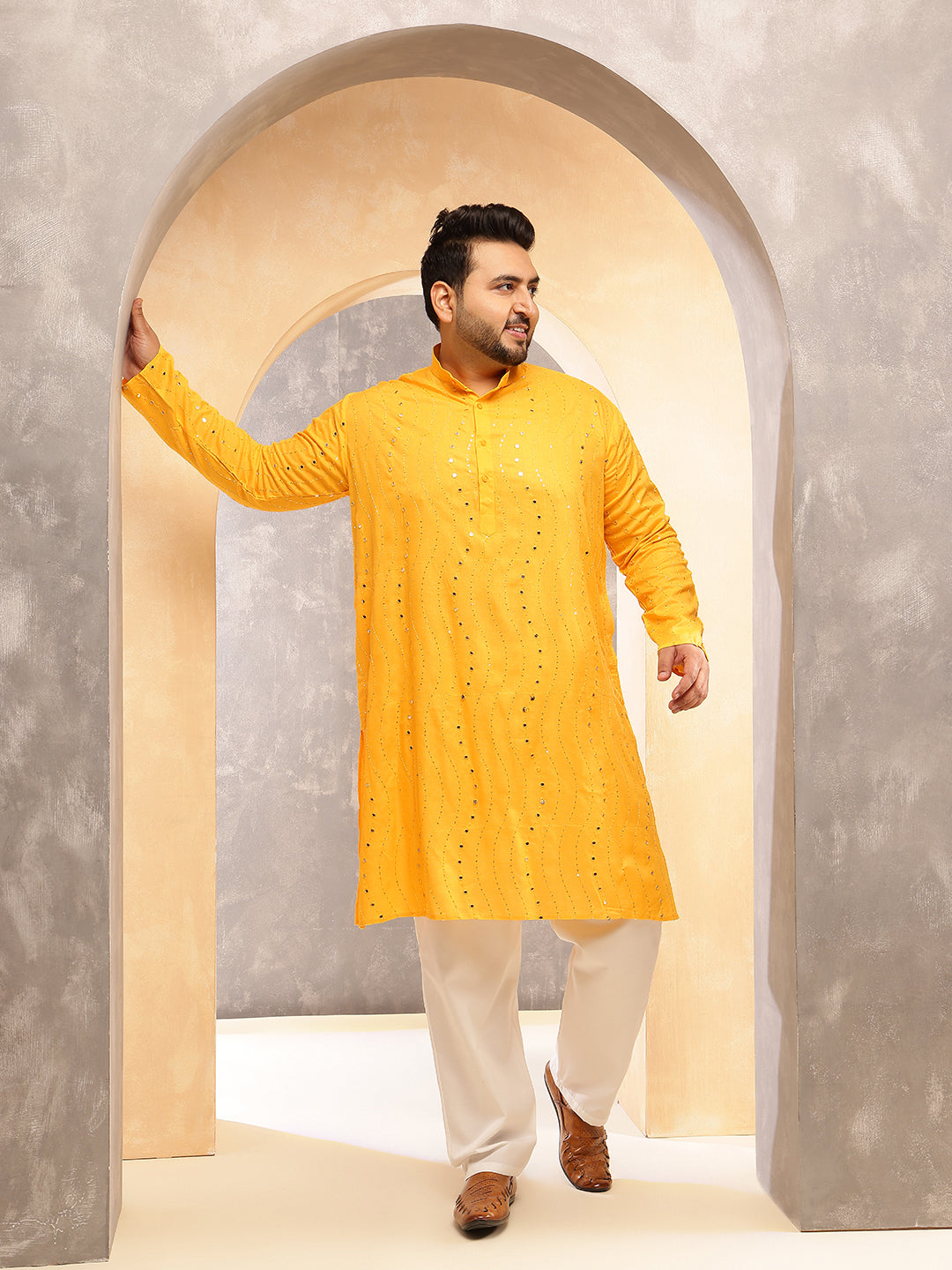 Men's Cotton Designer Mustard Kurta with Mirror Embroidery & White Pyjama
