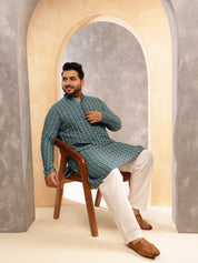Men's Cotton Ethnic Motifs Embroidered Teal Kurta With White Pyjama