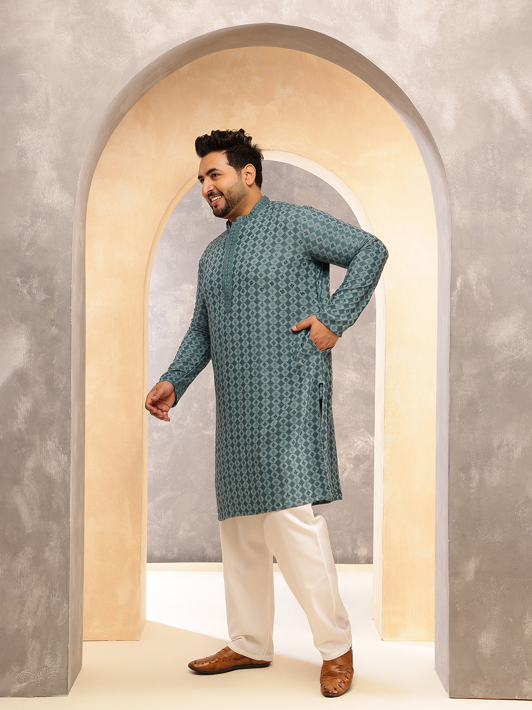 Men's Cotton Ethnic Motifs Embroidered Teal Kurta With White Pyjama