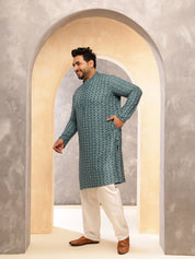 Men's Cotton Ethnic Motifs Embroidered Teal Kurta With White Pyjama