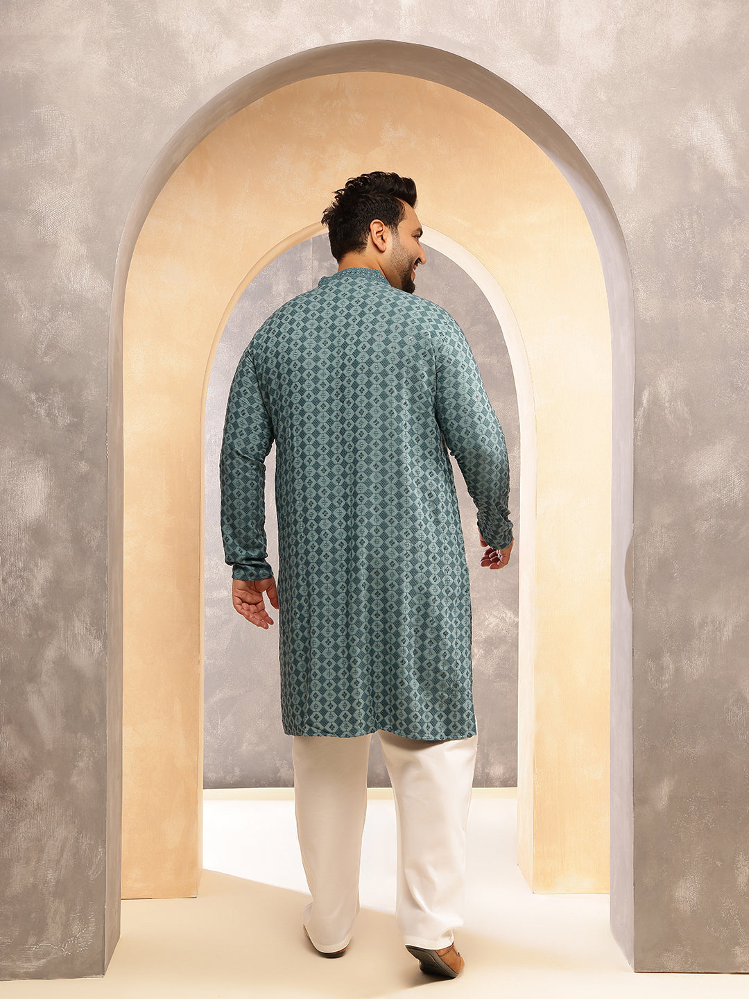 Men's Cotton Ethnic Motifs Embroidered Teal Kurta With White Pyjama