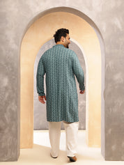 Men's Cotton Ethnic Motifs Embroidered Teal Kurta With White Pyjama