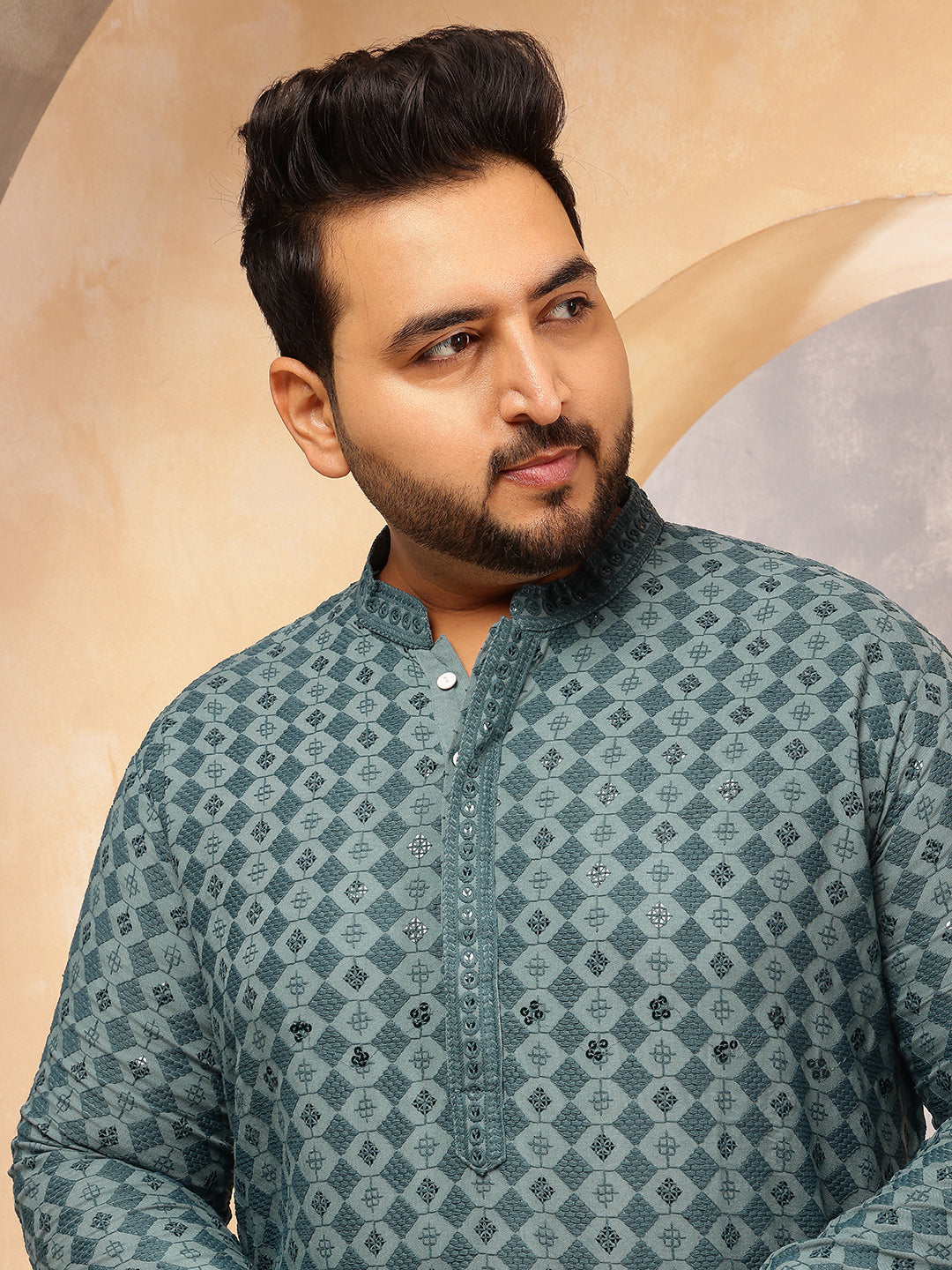 Men's Cotton Ethnic Motifs Embroidered Teal Kurta With White Pyjama