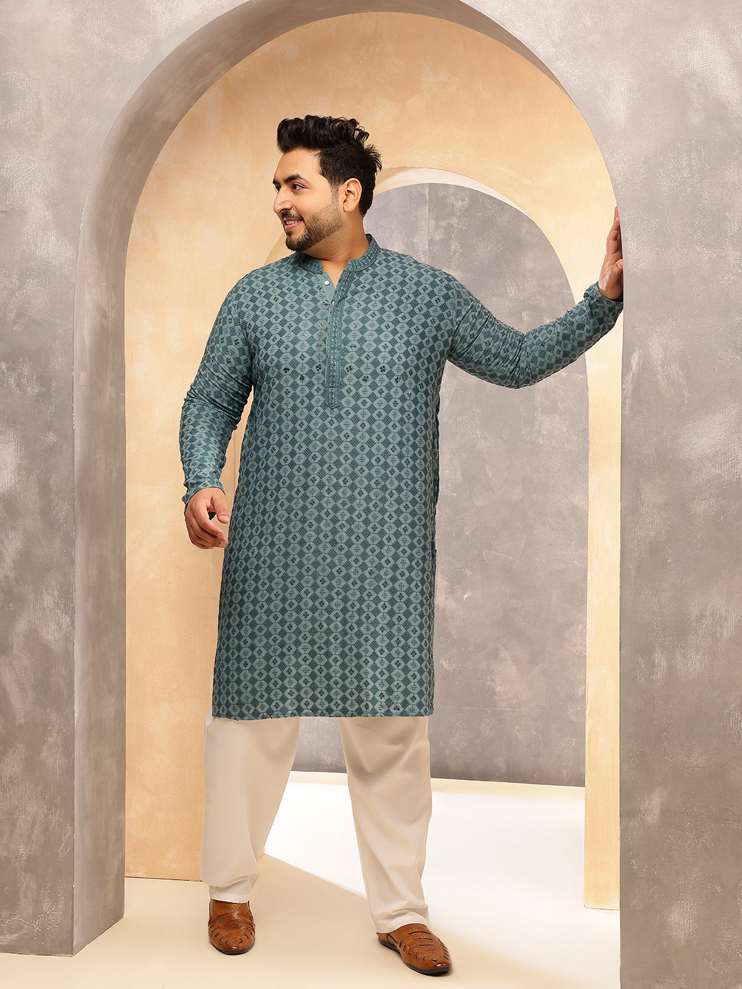 Men's Cotton Ethnic Motifs Embroidered Teal Kurta With White Pyjama