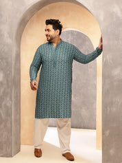 Men's Cotton Ethnic Motifs Embroidered Teal Kurta With White Pyjama