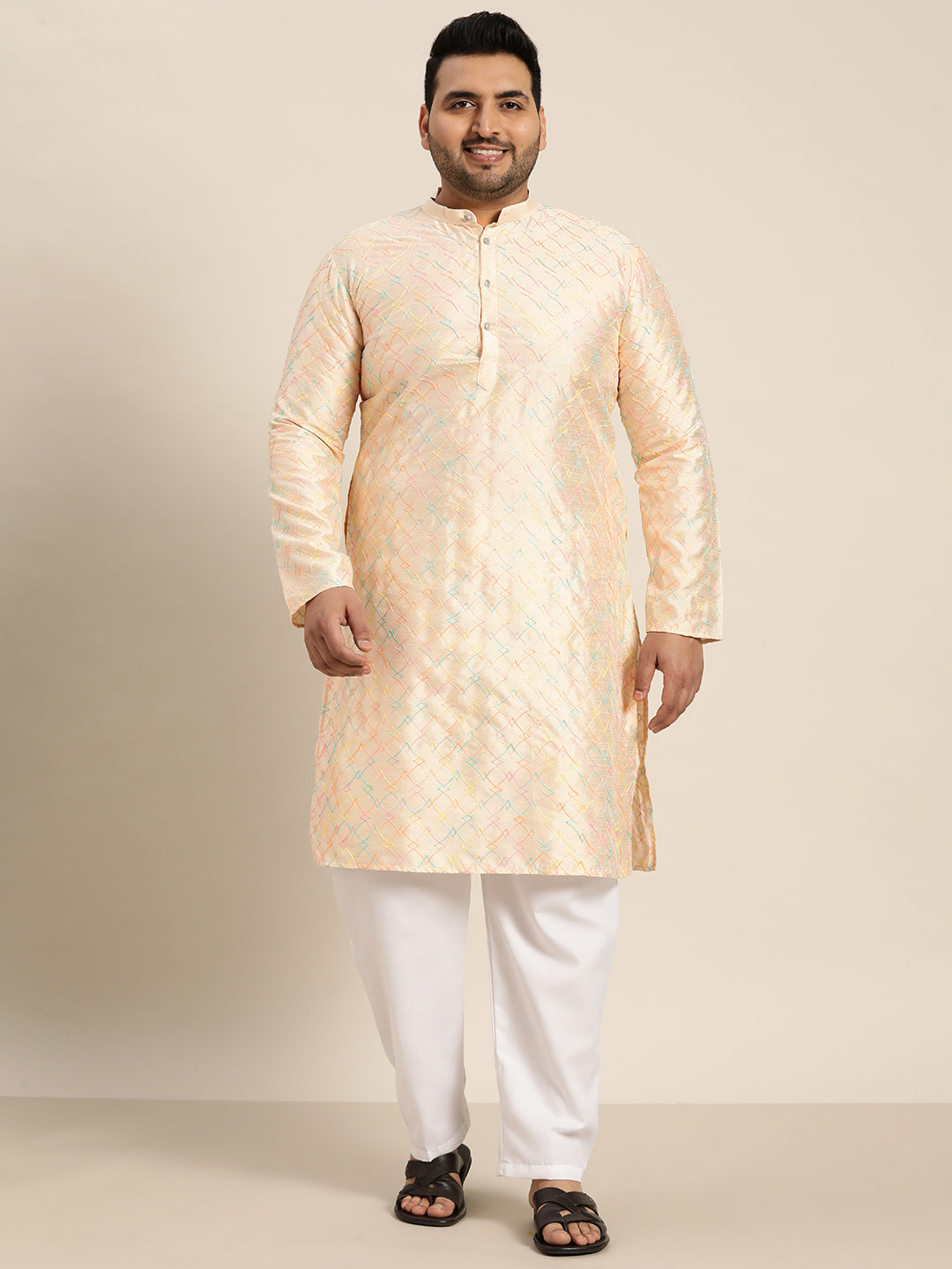 Men's Silk Blend Cream Kurta with Multi Color embroidery and White Pyjama