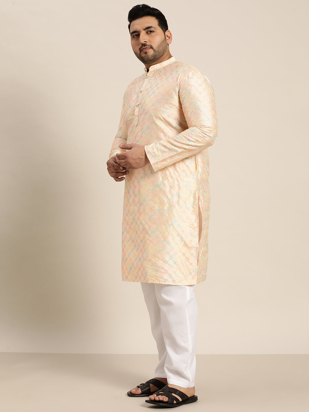 Men's Silk Blend Cream Kurta with Multi Color embroidery and White Pyjama