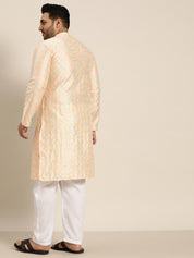 Men's Silk Blend Cream Kurta with Multi Color embroidery and White Pyjama