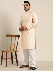 Men's Silk Blend Cream Kurta with Multi Color embroidery and White Pyjama