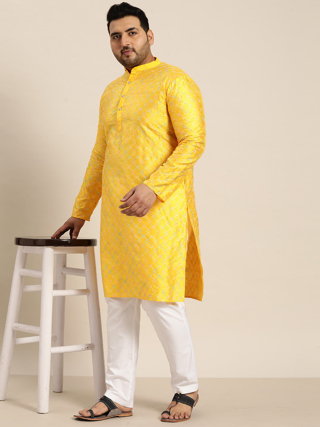 Men's Silk Blend Mustard Kurta with Multi Color embroidery & White Pyjama