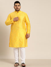 Men's Silk Blend Mustard Kurta with Multi Color embroidery & White Pyjama