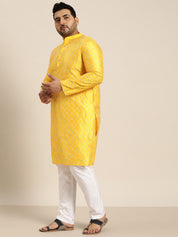 Men's Silk Blend Mustard Kurta with Multi Color embroidery & White Pyjama