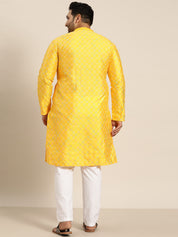 Men's Silk Blend Mustard Kurta with Multi Color embroidery & White Pyjama