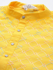 Men's Silk Blend Mustard Kurta with Multi Color embroidery & White Pyjama