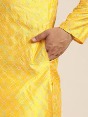 Men's Silk Blend Mustard Kurta with Multi Color embroidery & White Pyjama