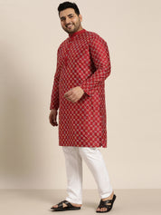 Men's Silk Blend Maroon Kurta with Multi Color embroidery and White Pyjama