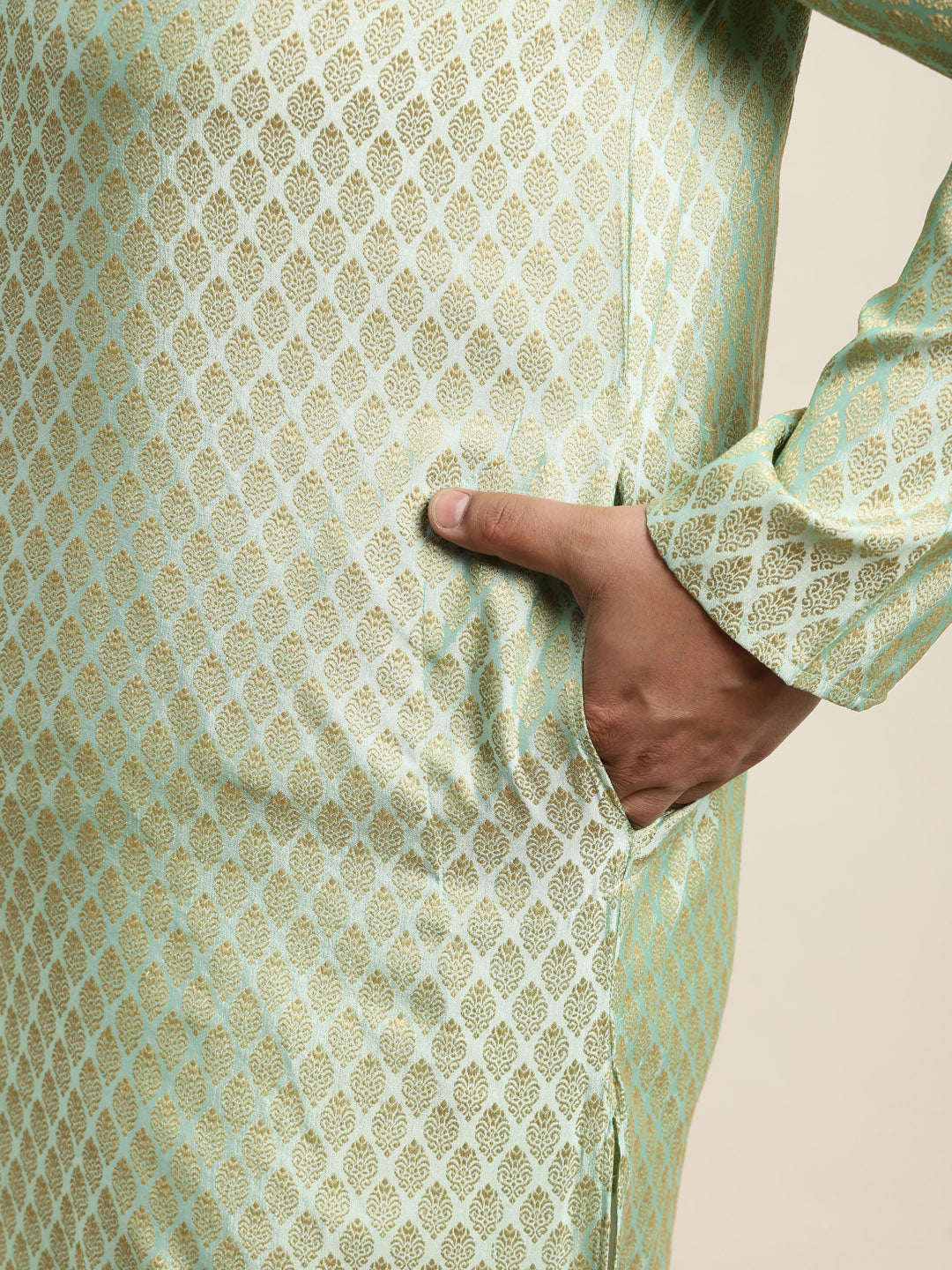 Men's Jacquard Silk Pista Green Self design Kurta