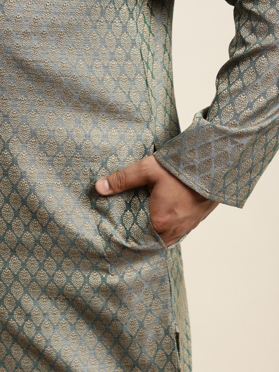 Men's Jacquard Silk Teal green Self design Kurta