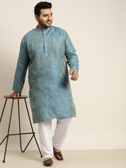 Men's Jacquard Silk Peacock blue Self design Kurta