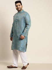 Men's Jacquard Silk Peacock blue Self design Kurta