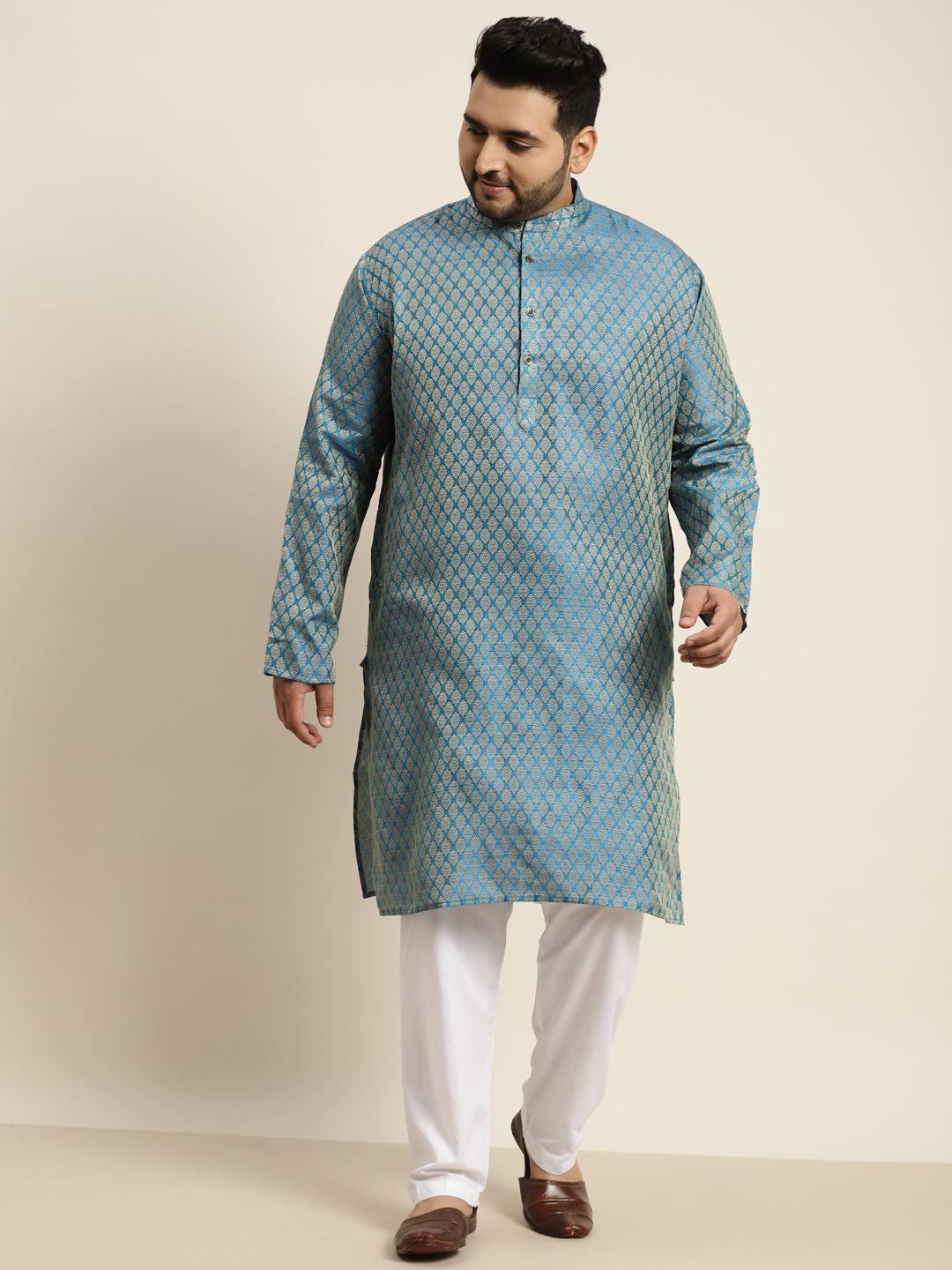 Men's Jacquard Silk Peacock blue Self design Kurta