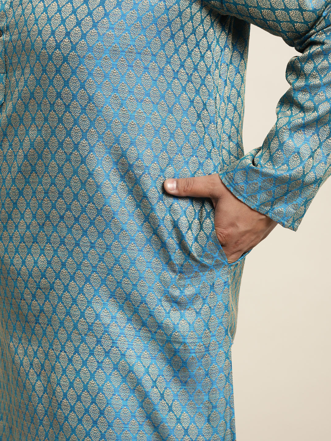 Men's Jacquard Silk Peacock blue Self design Kurta