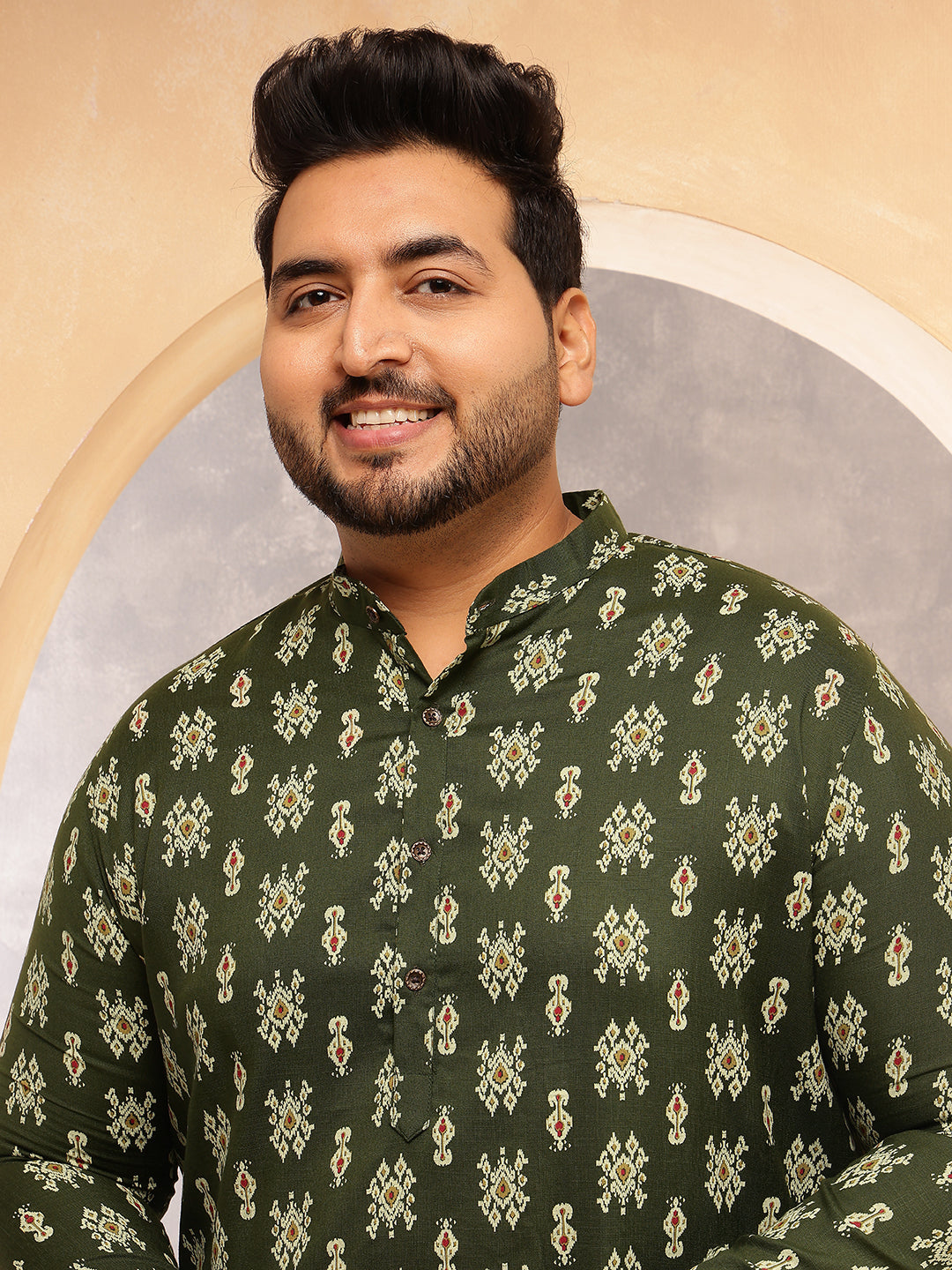 Men's Cotton Blend Ikkat Print Green Long Kurta